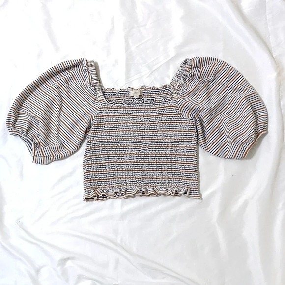 LOFT Striped Square Neck Puff Sleeve Top, Color White/Blue/Yellow Size M - Picture 3 of 13